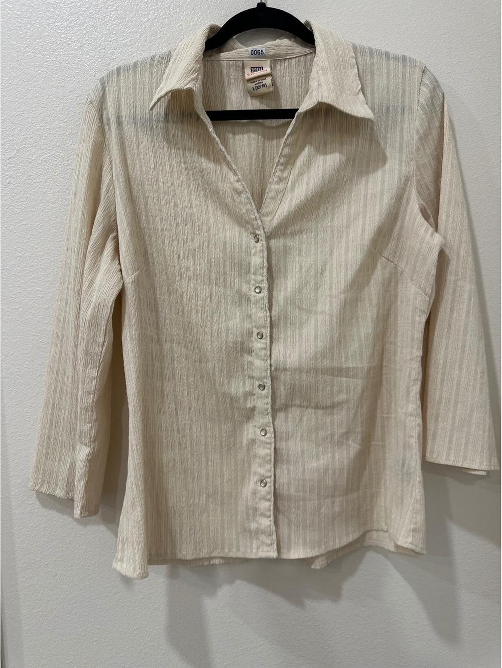 VTG Faded Glory Large Stretch Button-Up Shirt Butter Yellow Striped Texture